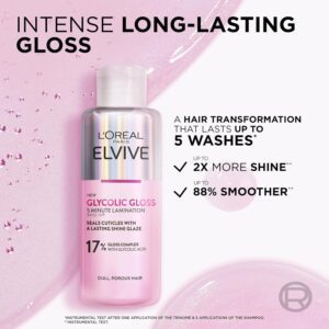 Want to get the shiniest hair of your life*? Discover L’Oreal Paris Elvive Glycolic Gloss Rinse-Off 5 Minute Lamination Treatment, powered with [Glycolic Acid] known for its benefits in skincare The Gloss Complex with [Glycolic Acid] contains conditioning agents to seal cuticles with a lasting shine glaze, It penetrates the hair’s fibre improving shine, smoothness & strength Hair is shinier & smoother than ever before. Instantly transform your hair for up to 5 x washes** For all hair types: straight, wavy, curly, and coily, Apply on damp hair from lengths to tips, Leave for 5 mins then rinse, Use with Glycolic Gloss Shampoo, Conditioner, Lamination Treatment and Serum Contents: 1x L'Oreal Paris Elvive Glycolic Gloss 5 Minute Lamination Treatment, With 17% Gloss Complex and Glycolic Acid, Seals Hair Cuticles, Rinse Off, For Hair with Long-lasting Shine, Volume: 200ml